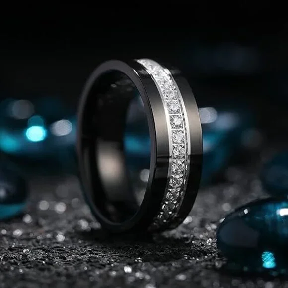 Tungsten Wedding Band with Cubic Zircon Inlay 7mm/8mm Flat Cut Engagement Ring